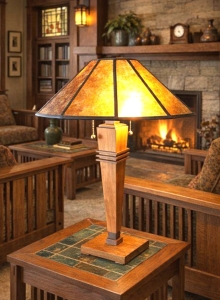 Half Moon Bay Table Lamp – Cherry with Walnut Trim and Amber Mica Shade